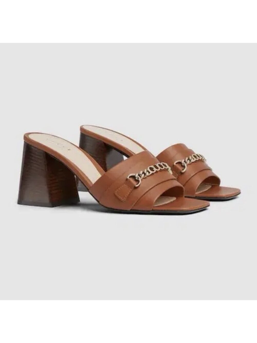 NWB Gucci Logo Hardware Harness Brown Chunk Heel Sandals Mules 40.5 786595